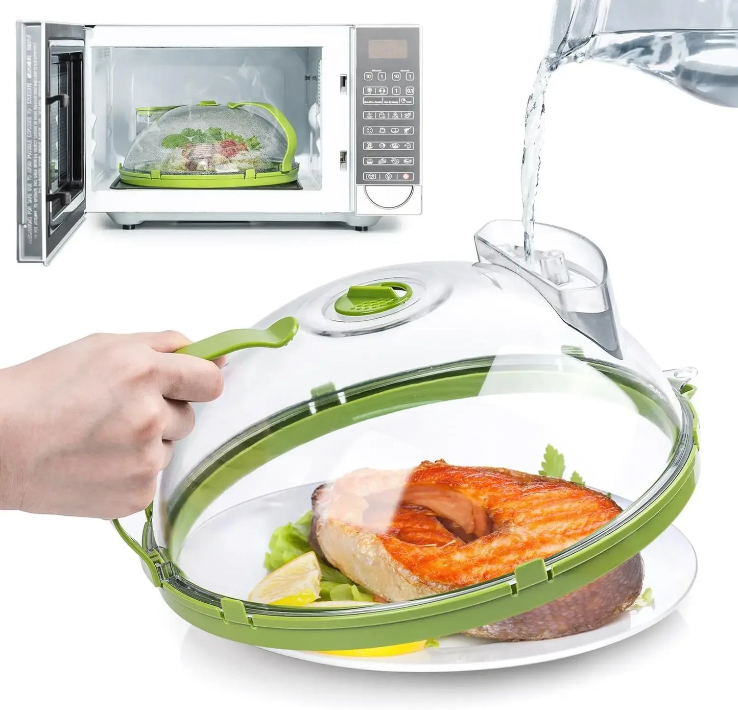 Microwave Food Cover - Clear Splatter Guard with Steamer and Handle for 10 Inch Plates