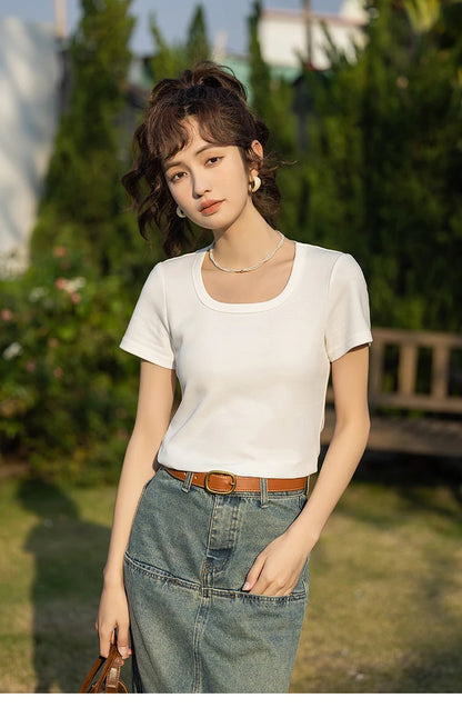 Women's Square-Neck T-Shirt – Elegant Cotton Short-Sleeve Top