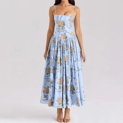Summer Midi Dress - Women's Floral Print Elegant Camisole Fit and Flare Holiday Dress