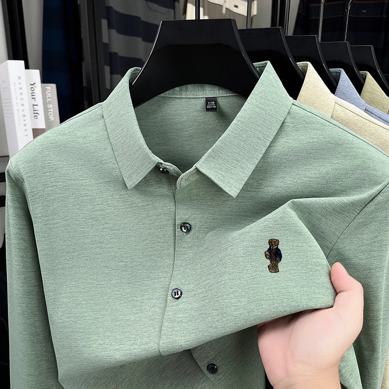 High-End Man Long-Sleeved Shirt Lapel Single-Breasted Bear Embroidery Spring New Shirt Fashion Versatile Leisure Men's Clothing