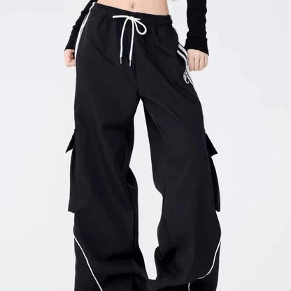 Y2K Black Striped Women Cargo Pants Korean Fashion Wide Leg Baggy Trousers Streetwear Autunm Harajuku Hip Hop Oversized Loose