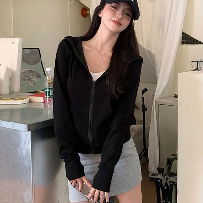Gray Zipper Hooded Sweatshirt Women 2026 New Korean Slim Fit Cardigan Long Sleeve Coat Woman Solid Pockets Sports Hoodies Jacket