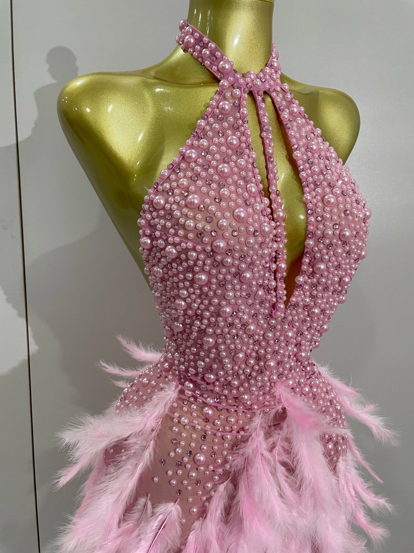 Backless Halter Dress - Women's Party Mini Sheath With Rhinestone & Feather Details