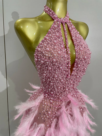 Backless Halter Dress - Women's Party Mini Sheath With Rhinestone & Feather Details