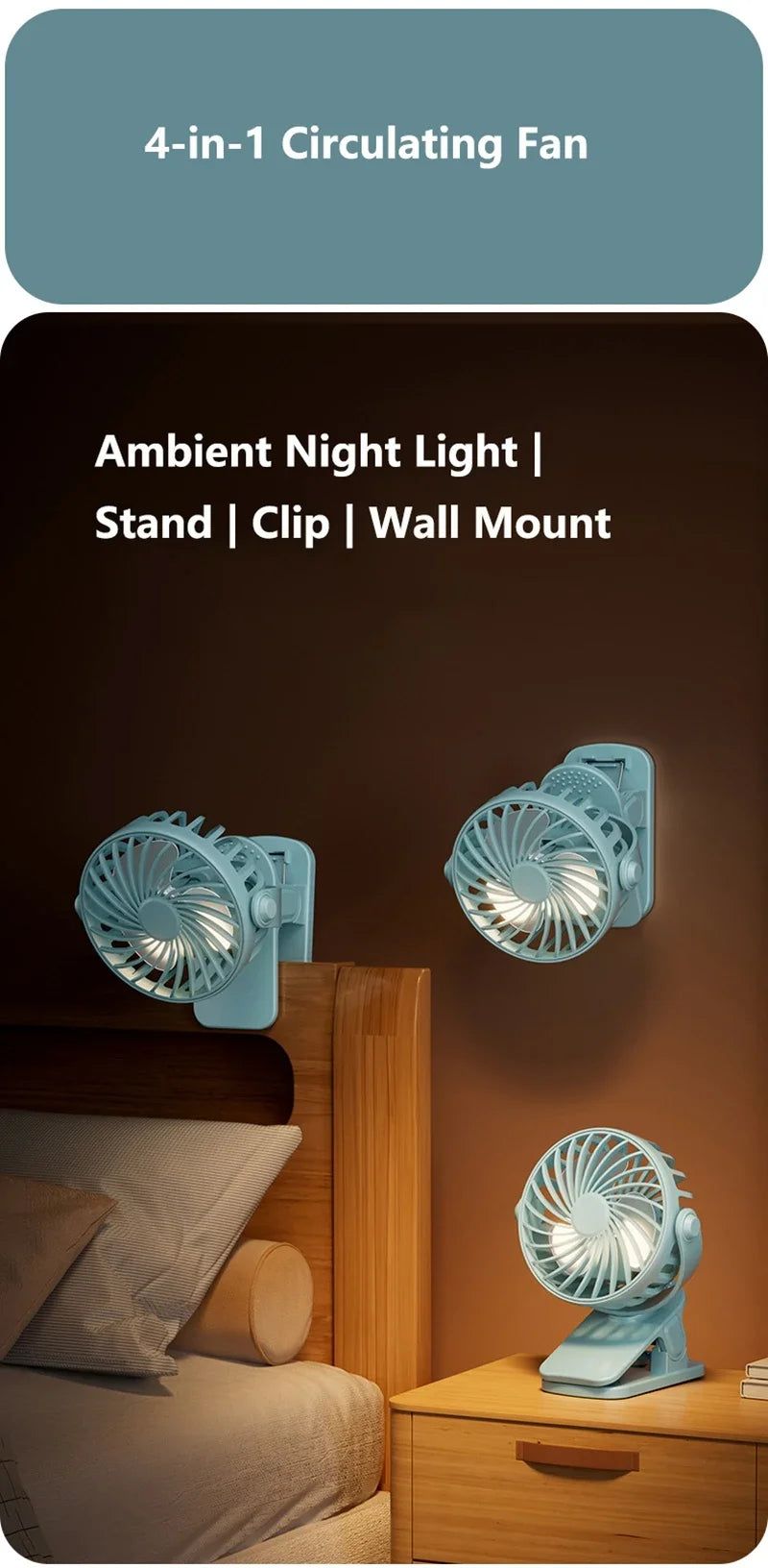 Portable Mini Cooler Fan 720°Rotatable Clip Fan Built In Night Lamp USB Rechargeable Personal Fan For Outdoor Camping Ventilador
