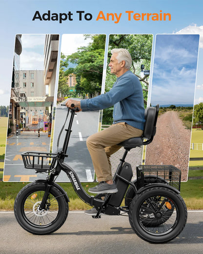 Spacewalk 1200W Peak Electric Trike for Adults, 48V 15Ah Battery 3 Wheel Electric Bike with 60 Miles Range, 18×3.0 Fat Tires, Dual Disc Brakes, Rear Cargo Basket, Adjustable Comfort Seat, Folding E Tricycle for Seniors-Black