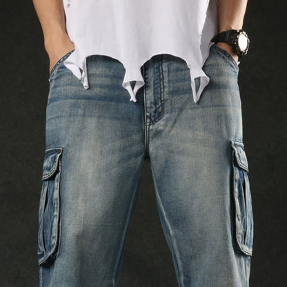 Baggy Denim Shorts - Plus Size Men's Cargo Jeans With Bleach Stone Wash