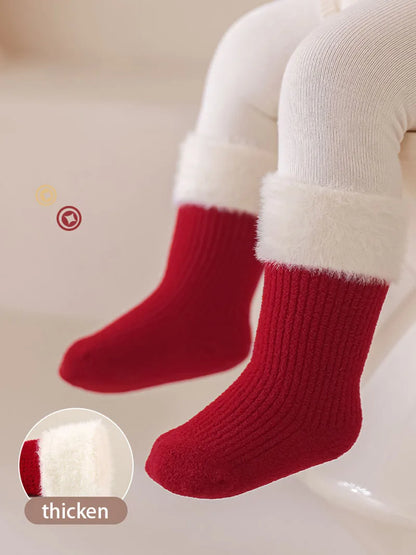2025 New Year Baby Winter Thicken Socks Kids Cute Stripe Color Matching Warm Floor Socks Children Girls Fleece Padded Socks