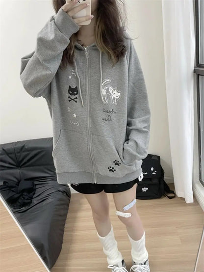Zipper Hoodie Gothic Cartoon Kawaii Cat Ear Y2k Jacket Zip Up Thin Coat Spring Autumn Cute Core 2000s Clothes Fall Sweatshirts