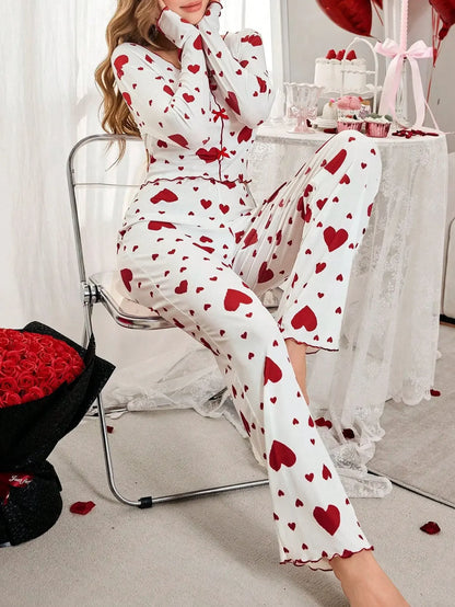 Pajamas 2 Piece Sets Women Sleepwear Loungewear Suit Top Pants Heart Print Bow Trousers Autumn Ensemble Nightwear Outfits