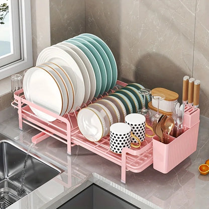 Expandable Dish Drainer - Adjustable Kitchen Rack with Drainboard, Utensil & Cup Holder