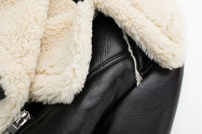 Faux Leather Jacket - Women's Winter Coat With Zipper Front & Turn-Down Collar
