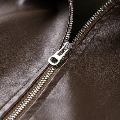 Vintage Leather Bomber Jacket – Women's PU Leather Zip Jacket With Belt & Patchwork Design