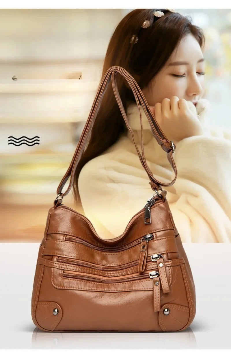 Soft Leather Shoulder Bag - Women's Crossbody Double Layered Large Capacity Tote
