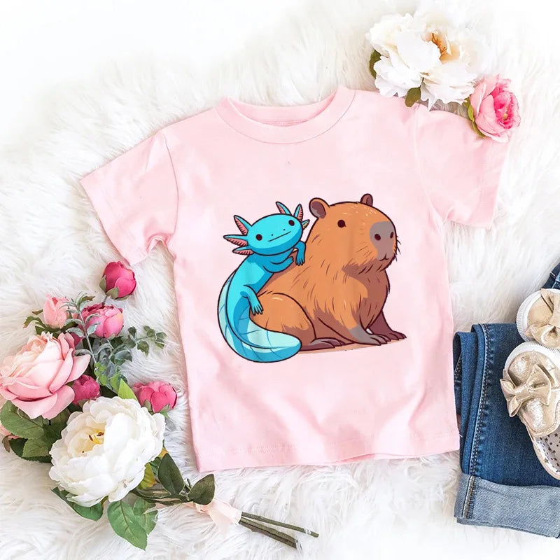 Axolotl Kawaii T Shirt Kid Summer Fashion T Shirt Children Streetwear Boba Axolotl Anime Casual Child Clothing Bithday Tshirts