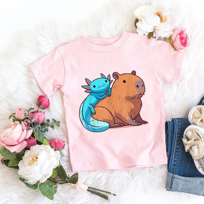 Axolotl Kawaii T Shirt Kid Summer Fashion T Shirt Children Streetwear Boba Axolotl Anime Casual Child Clothing Bithday Tshirts
