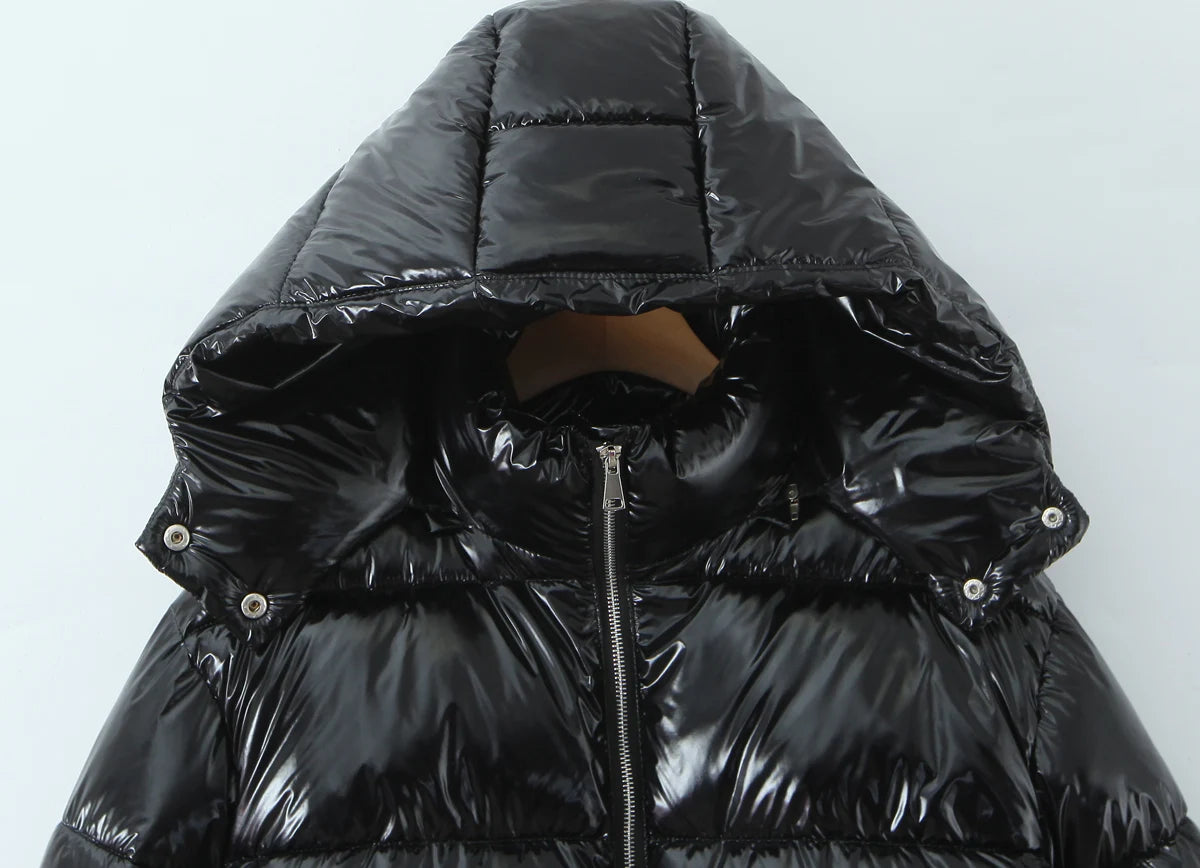 New Winter Fashion Women Bright Light Blue Zipper Up Bread Parka Coat Woman Stand Collar Removable Hooded Long Sleeve Outerwear