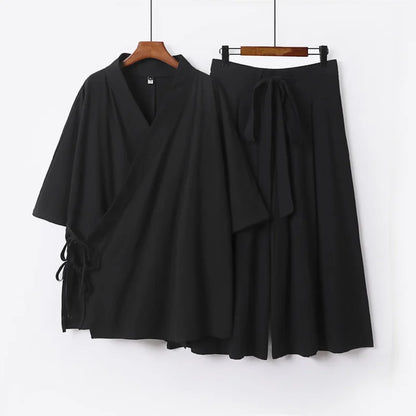 2026 Chinese Style Men's Linen Suit Tang Style Zen Style Hanfu Taoist Long Robe Top Pants Cotton and Linen Loose Two-piece Set