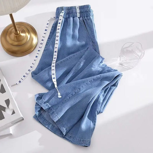 Plus Size Loose Fit Ice Silk Jeans Casual Yoga Demin Pants Women's Summer Trendy Brand Thin Wide Leg Pants Feel Comfortable