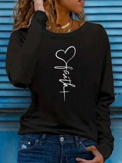 Women's Long-Sleeved Loose Round-Neck Top Elegant Solid Color Polyester Knitted T-Shirt Autumn and Winter Fashion Heart Pattern