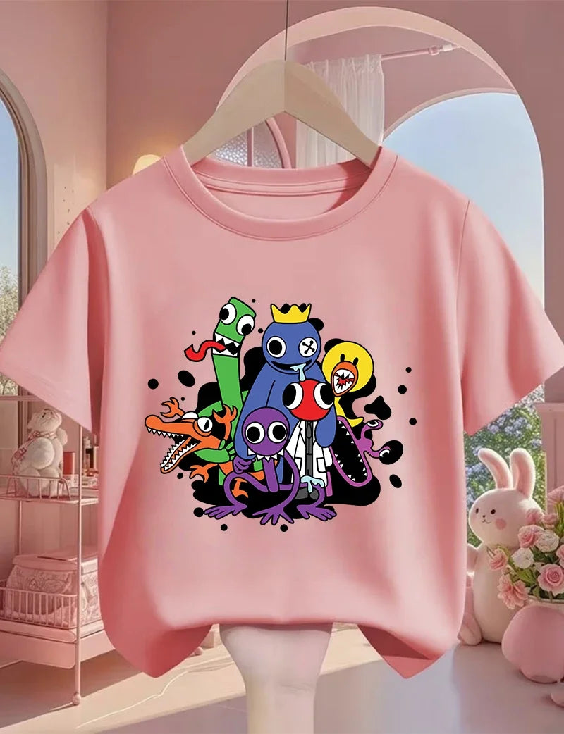 Rainbow friend cartoon pattern boy and girl summer cute round neck fashionable casual short sleeved top