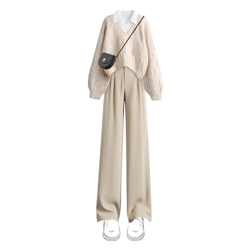Women Autumn/Winter Suit 2025 New Fashion Hole Knitted Sweater White Shirt Casual Pants 3-Piece Set Korean Elegant Matching Set