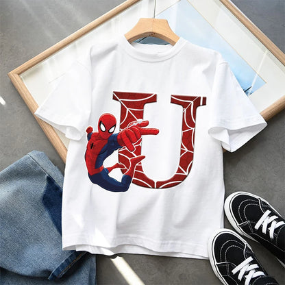 2026  New Children's Spider Man Cartoon Letter Printed T-shirt Cotton T-shirt Boys' Short Sleeved Top Children's Clothing