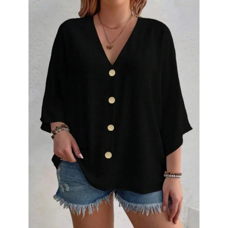Plus Size 2025 New Fashion Women's Tops Loose V-Neck Long Sleeve T-Shirt Spring Summer Elegant Solid Color Casual Blouse
