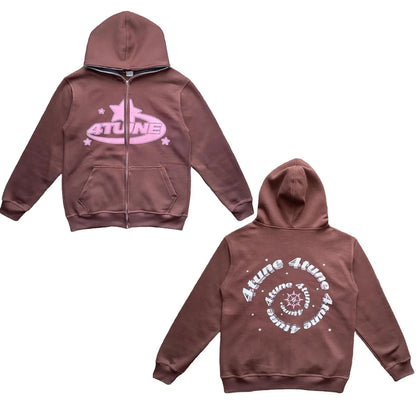 New Clothes 4tune Star Letter Print Retro Oversized Hoodie Man Y2K Street Hip-Hop Color Harajuku Casual Zipper Women Sweatshirt