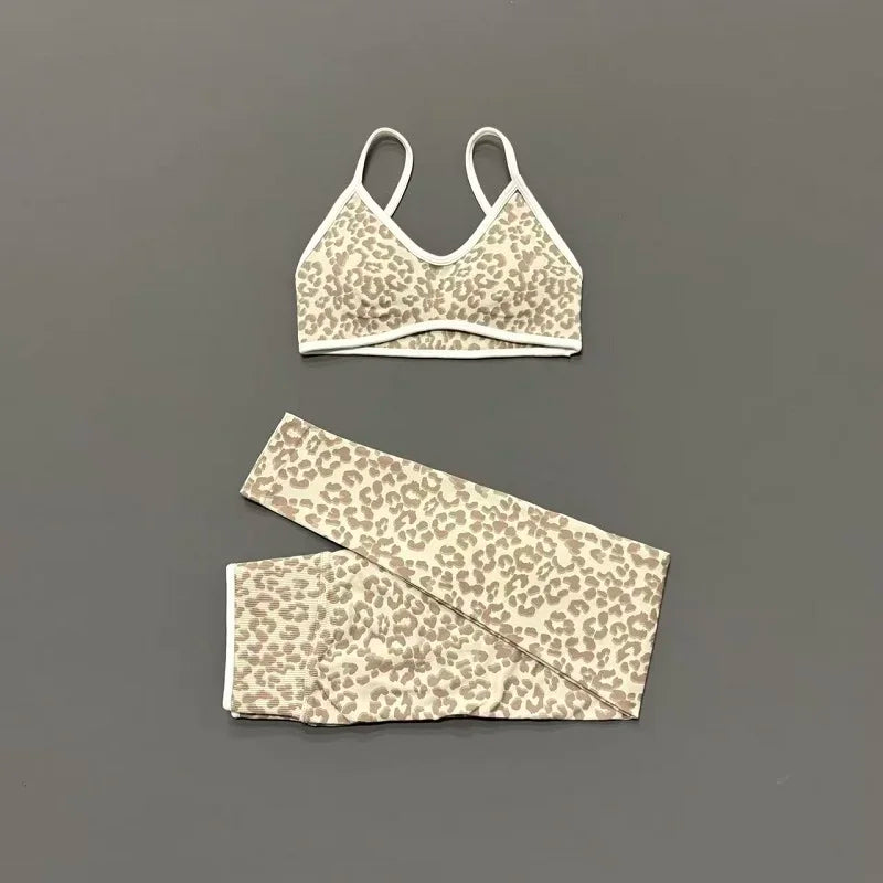2 Pcs Fitness Sets Women Leopard Print Contrast Edge Removable Pad Bra Breathable Squat Proof Pants Suit Sports Workout Set