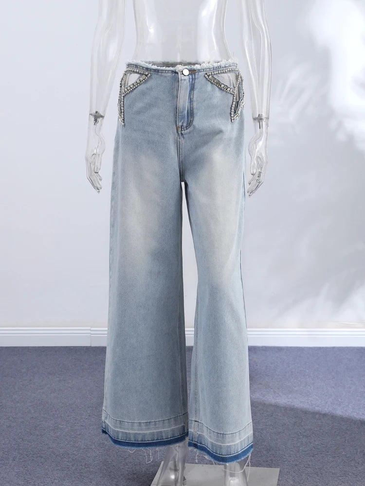 Women Low Waist Jeans Star Rhinestone Pants Cut Out Wide Leg Trousers Light Wash Distressed Denim Pants Street Woman Clothes