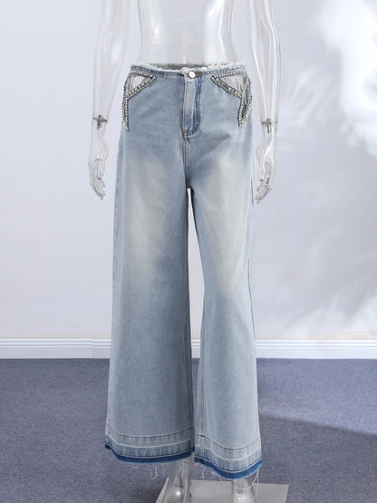 Women Low Waist Jeans Star Rhinestone Pants Cut Out Wide Leg Trousers Light Wash Distressed Denim Pants Street Woman Clothes