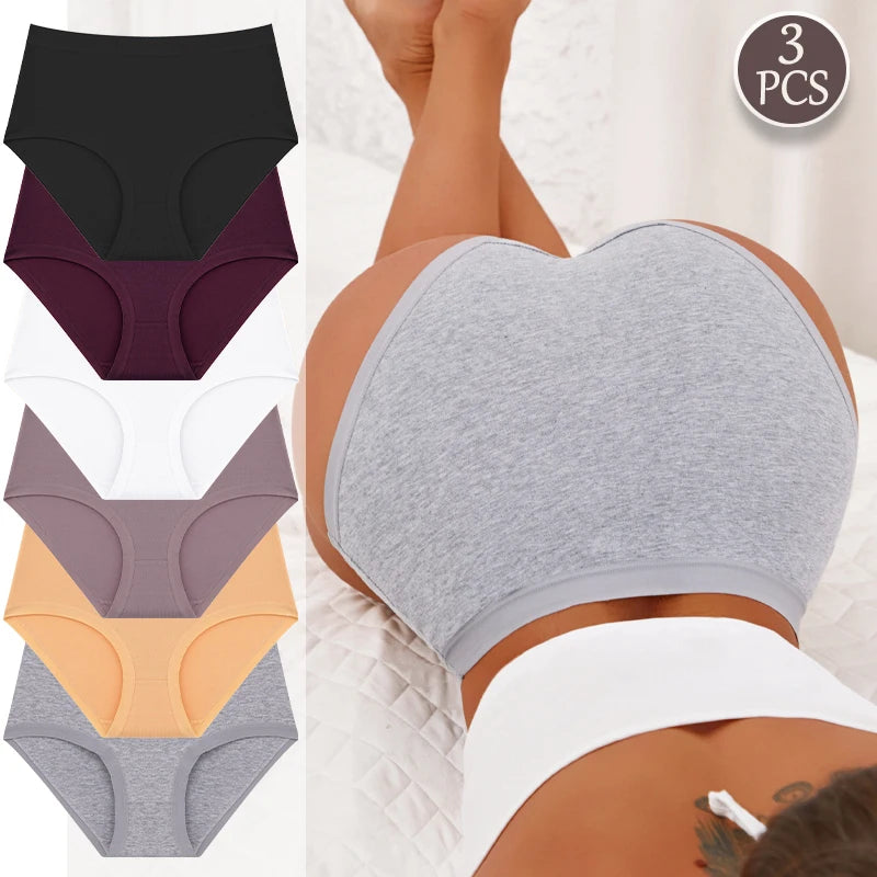 FINETOO 3Pcs/Set Seamless Cotton Panties Women Solid Color High Rise Elastic Briefs Female Soft Comfortable Breathable Underwear