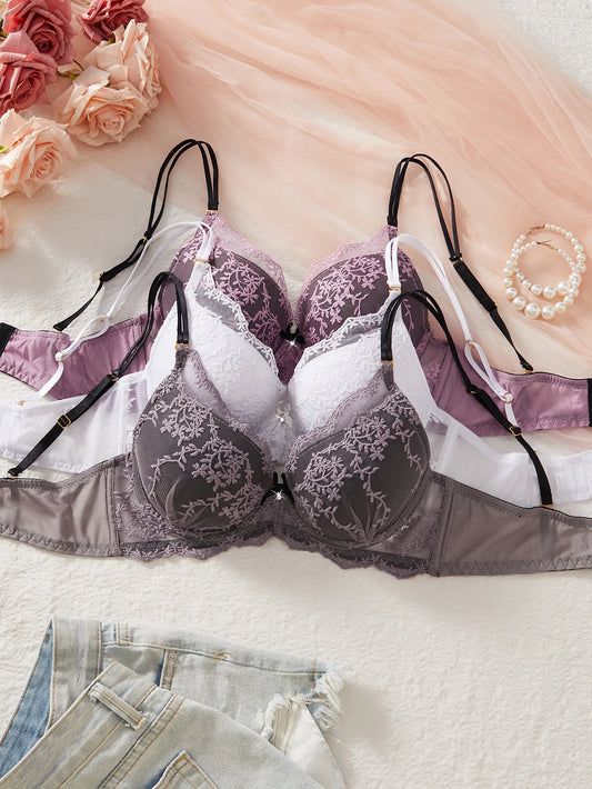3PCS Women Floral Lace Bra Set Mesh Spliced Embroidery Push Up Bra Double Straps Underwire Support Daily Sexy Lingerie