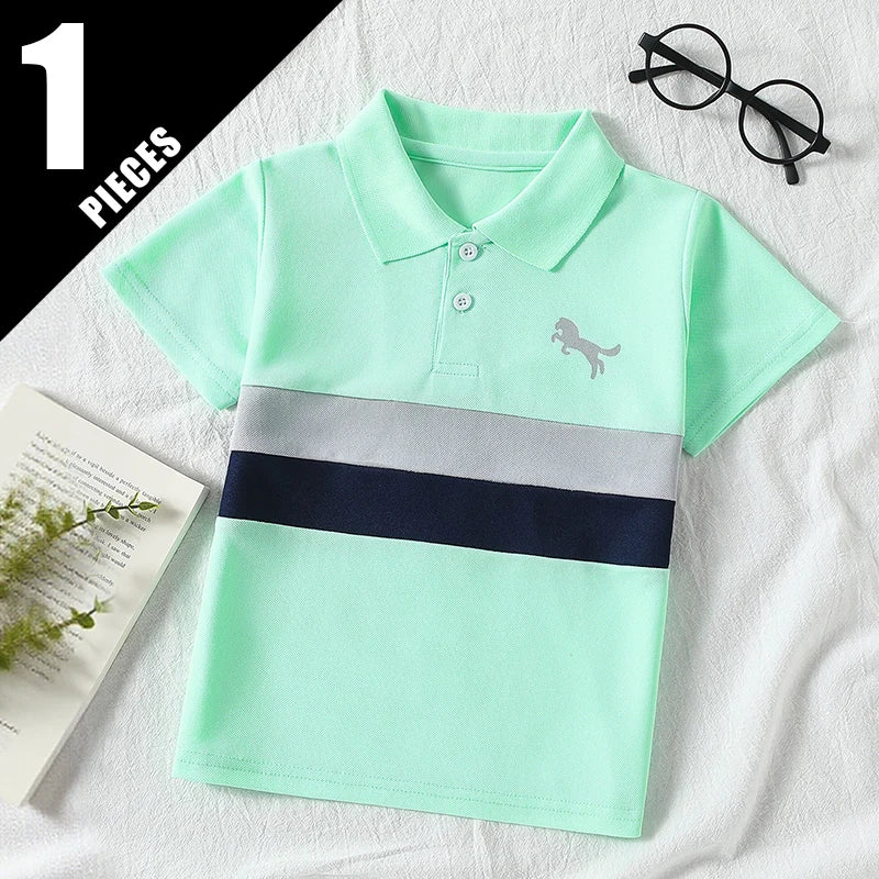 1/2/3 piece set of children's striped multi-color POLO short sleeved boy handsome casual lapel button top versatile sports T-shi