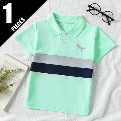 1/2/3 piece set of children's striped multi-color POLO short sleeved boy handsome casual lapel button top versatile sports T-shi