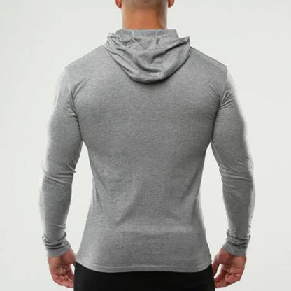 Solid Color Gym Clothing Long Sleeve Slim Fit Hooded T-Shirt Cotton Breathable Hoodie Mens Bodybuilding Fitness Muscle Sportwear