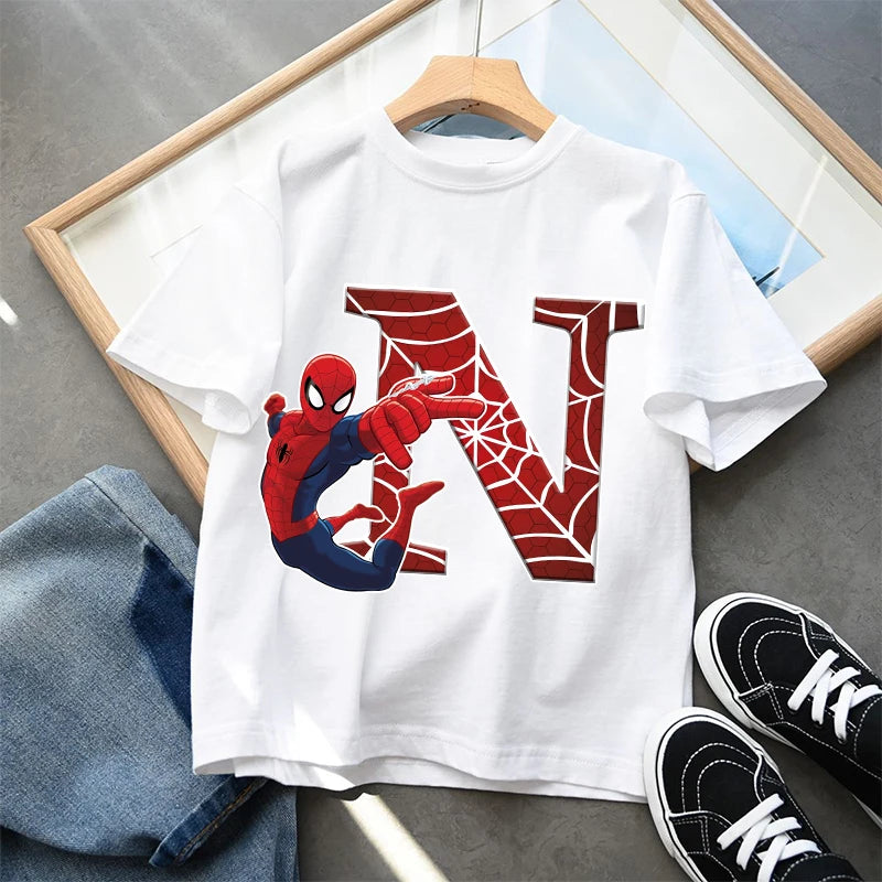2026  New Children's Spider Man Cartoon Letter Printed T-shirt Cotton T-shirt Boys' Short Sleeved Top Children's Clothing
