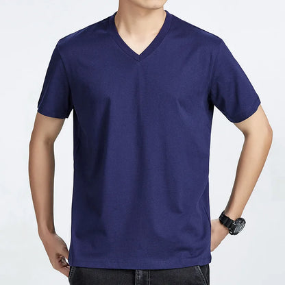 Men's Cotton T-Shirt - Comfortable Casual Loose Fit V-Neck Solid Color Tee