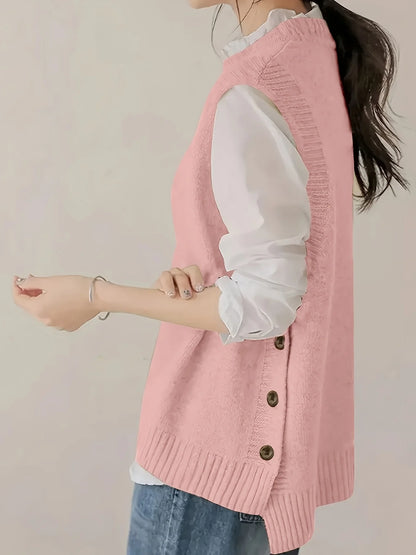 Women's Minimalist  Knit Vest Sweater Sleeveless Round Neck Button-Front Design Preppy Business Casual Style For Office