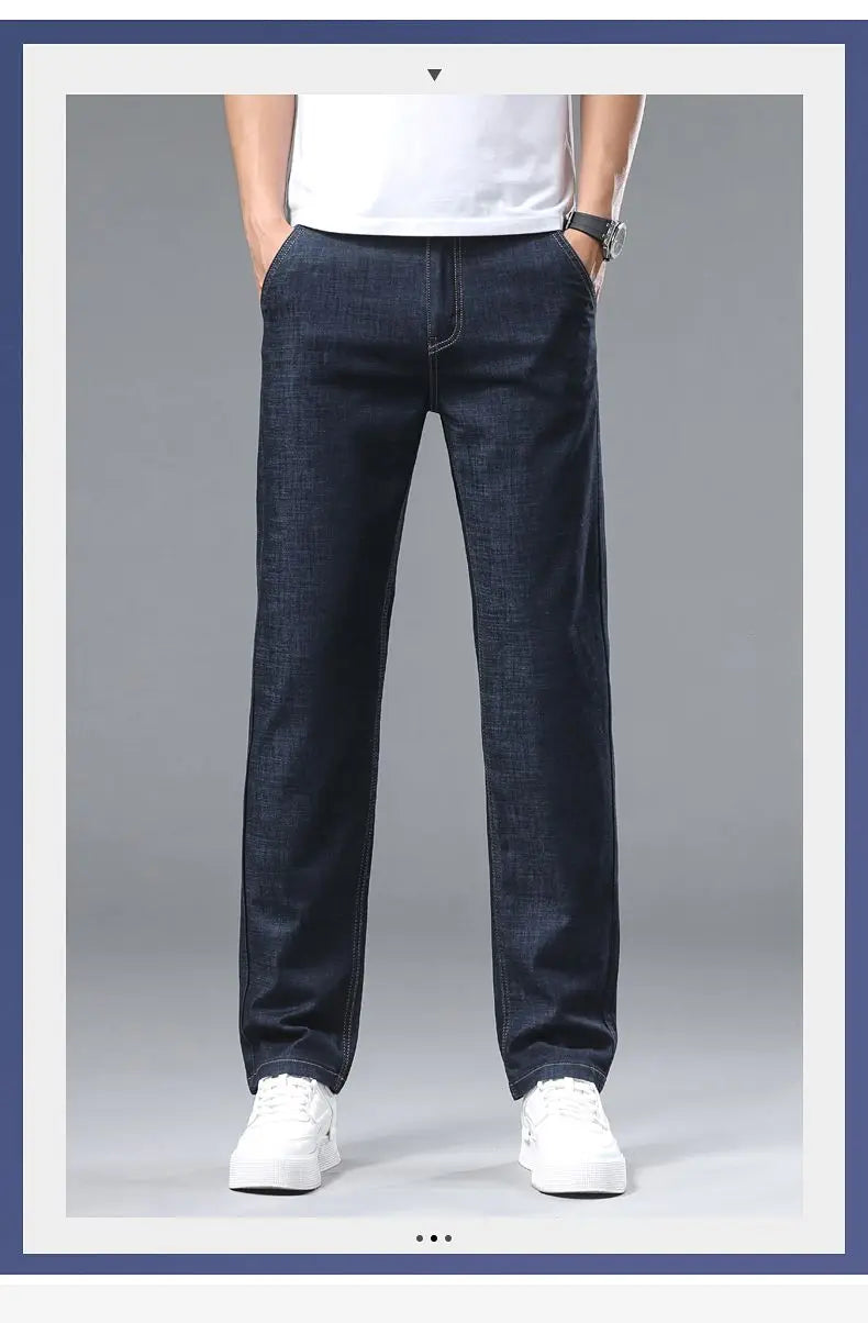 Light blue classic business jeans, fashionable breathable denim elastic pants, black blue men's straight leg jeans, sizes 28-40