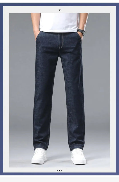 Light blue classic business jeans, fashionable breathable denim elastic pants, black blue men's straight leg jeans, sizes 28-40