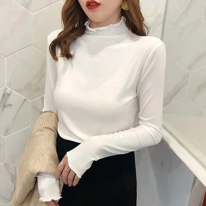 Women Turtleneck Tops – Long Sleeve Shirts With Ruffled Petal Sleeve, Plus Size Winter Fleece