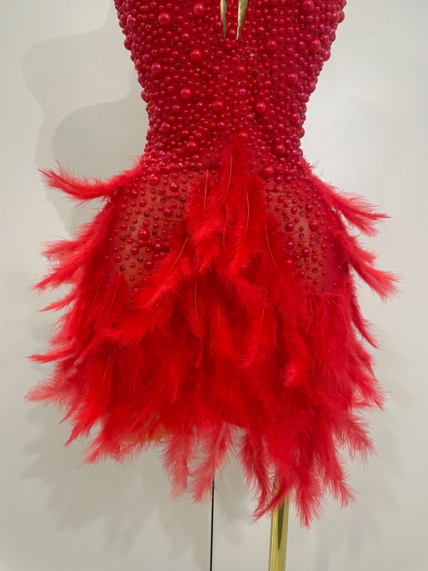 Backless Halter Dress - Women's Party Mini Sheath With Rhinestone & Feather Details