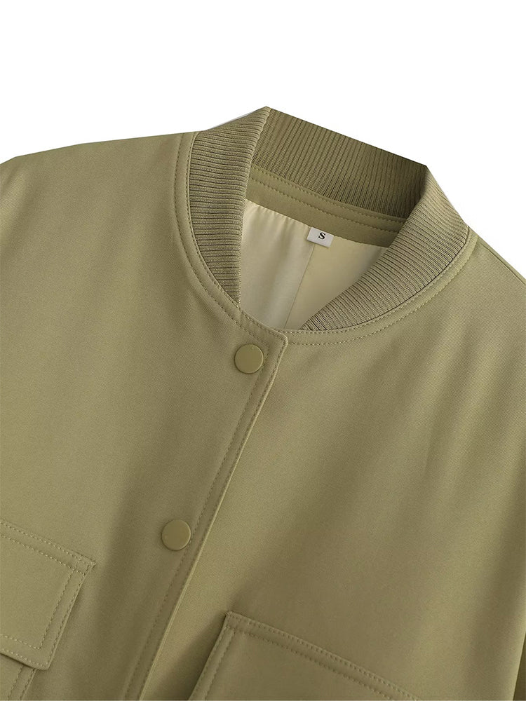 Women Bomber Jacket - Solid V Neck Single Breasted Polyester Coat With Pockets