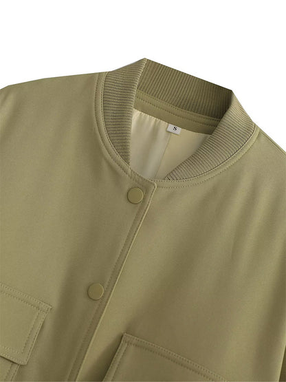 Women Bomber Jacket - Solid V Neck Single Breasted Polyester Coat With Pockets