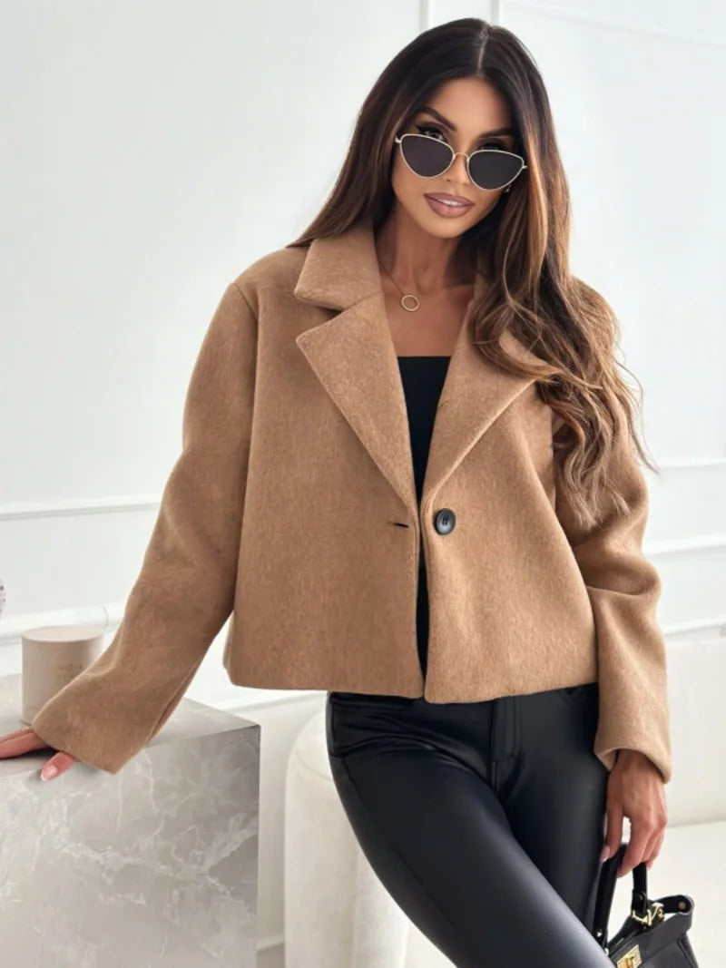 Cropped Trench Coat - Women's Wool Coat With Single Button Closure, Autumn Winter Outerwear