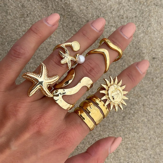 Boho Starfish, Shell & Sunflower Ring Set – 6pc Statement Rings