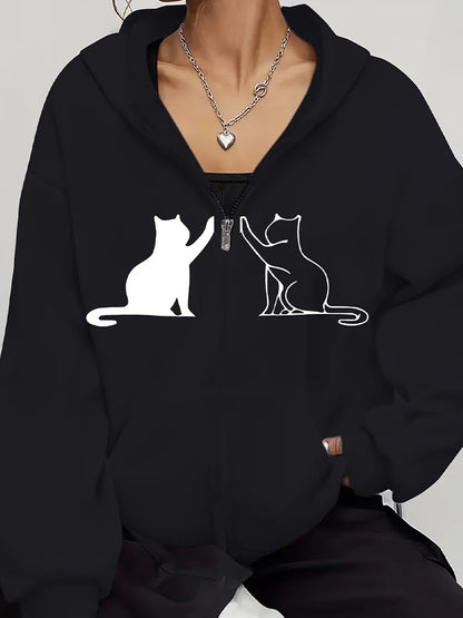Playful Black Cat, Women'S Long Sleeve Zip-Up Casual Jacket with Cat Prints, Suitable for All Seasons Women'S Apparel Hoodie