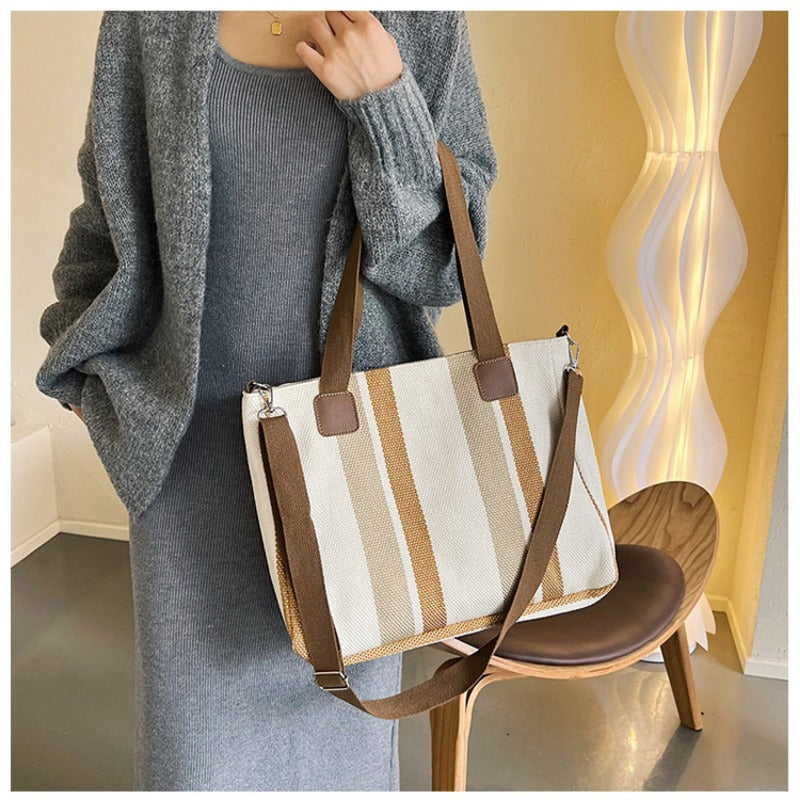 Striped Canvas Tote - Women's Crossbody Shoulder Bag With Zipper Closure, Versatile Daily Use